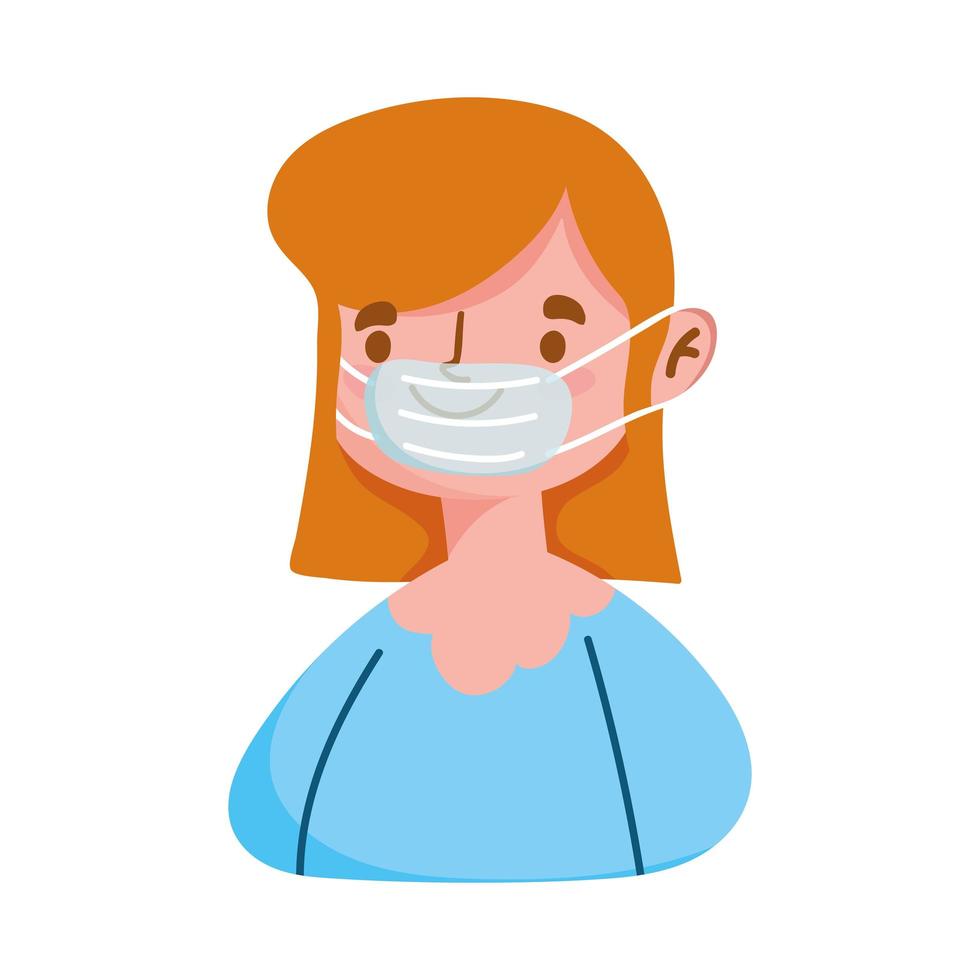 young woman cartoon character with medical mask covid 19 isolated icon vector