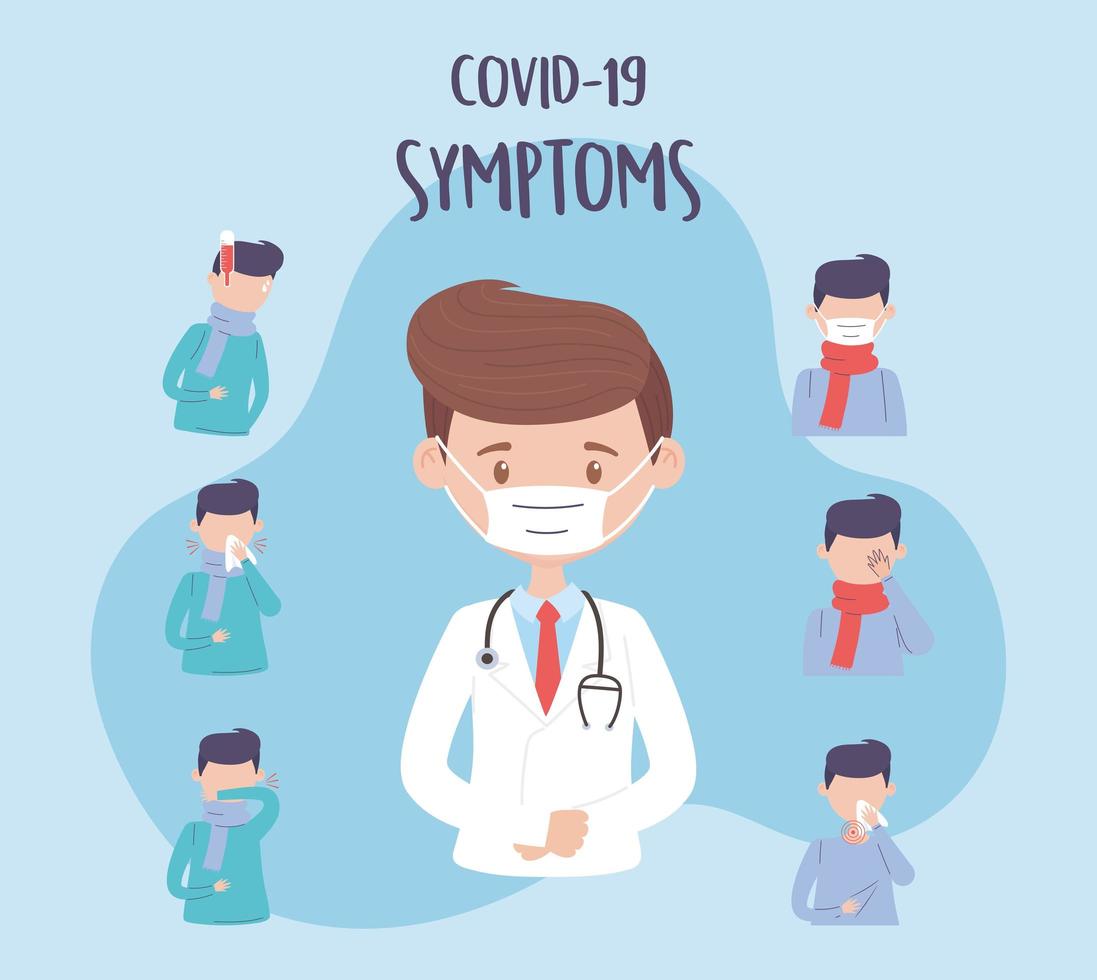 Pandemia de cuarentena ncov 2019, médico y síntoma fiebre dolor de garganta vector