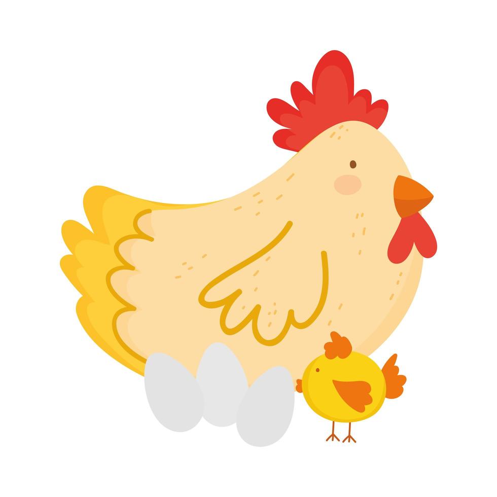gallina, pollo, y, huevos, animal de granja, icono, aislado, blanco, plano de fondo vector