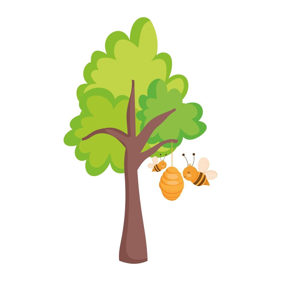 farm animals cartoon flying bees in hive tree cartoon vector