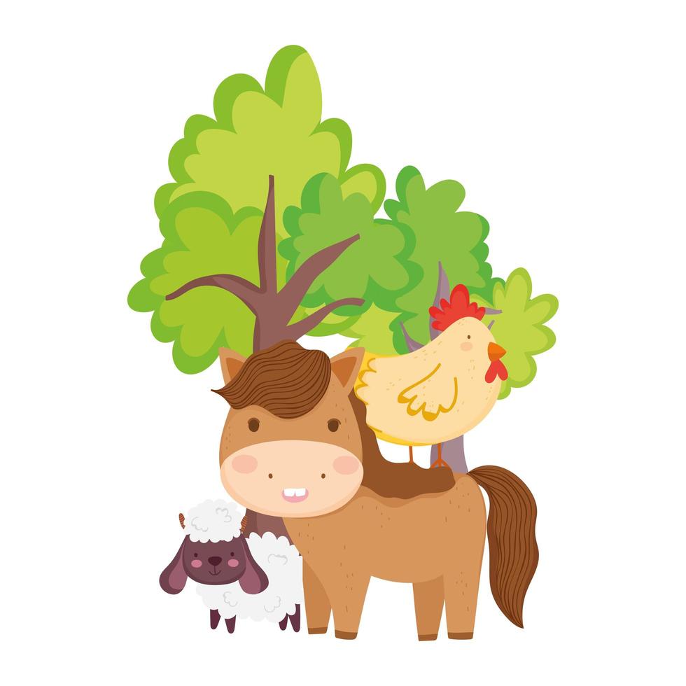 farm animals horse sheep hen tree cartoon isolated icon on white background vector