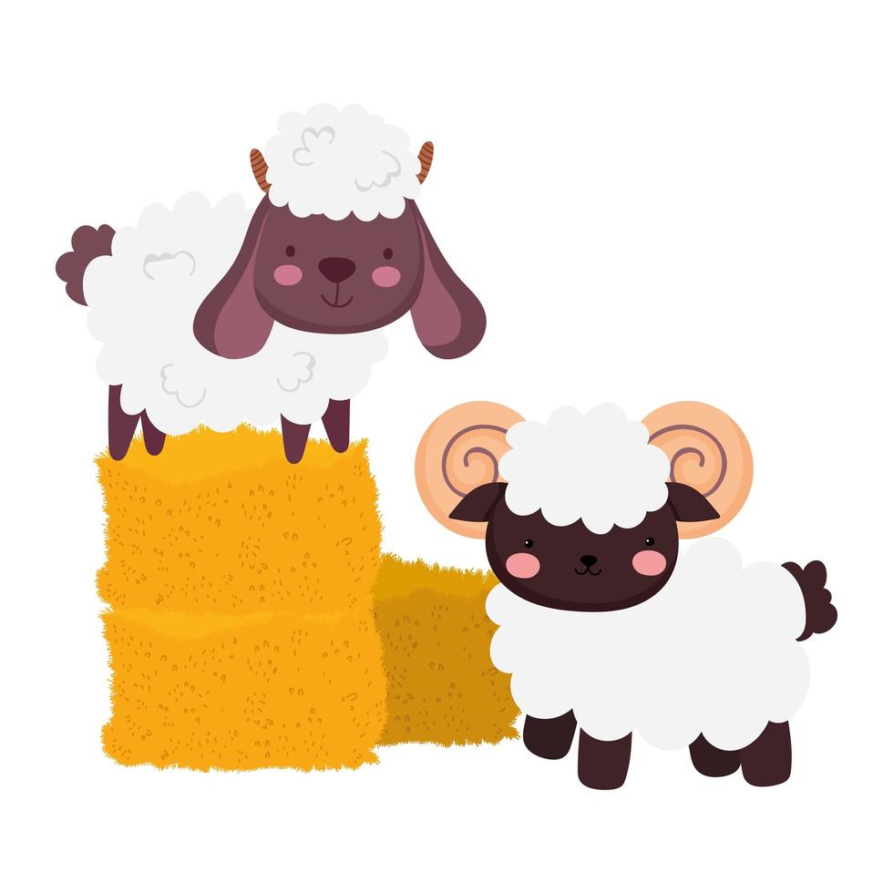 farm animals sheep and goat stack of hay cartoon vector