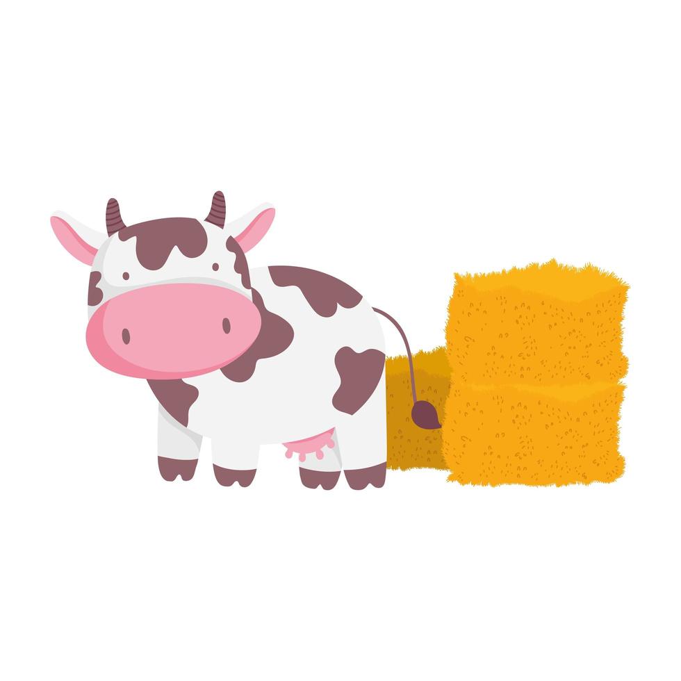 dibujos animados de animales de granja vaca y pila de dibujos animados de heno vector