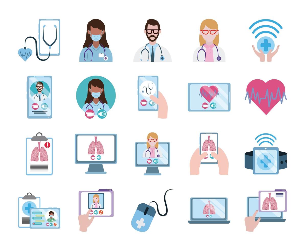 online doctor, physician technology consultant medical icons set, flat style icon vector