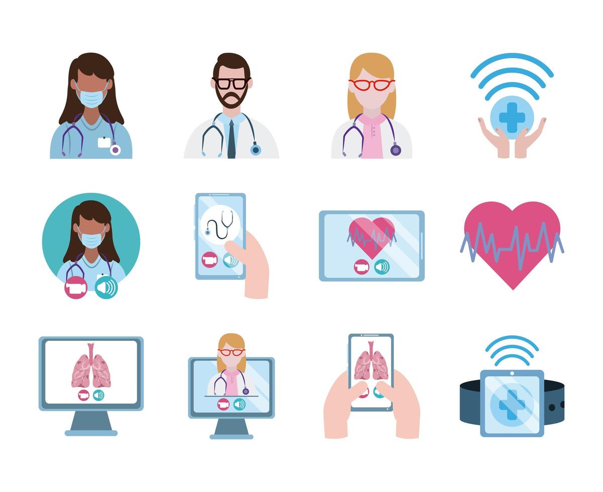 online doctor, physician technology consultant medical icons set, flat style icon vector