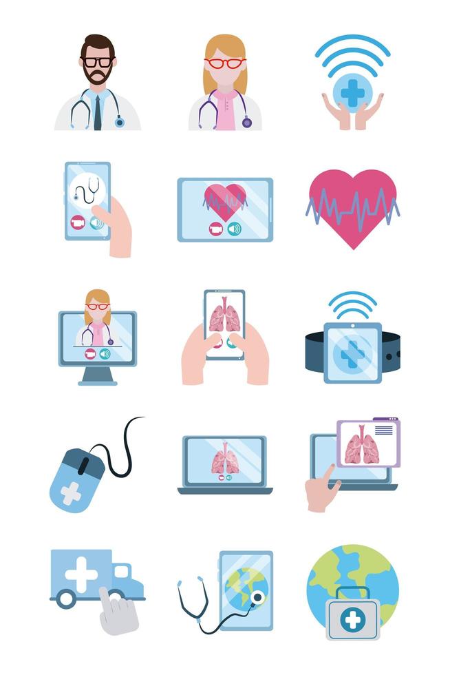 online doctor, physician technology consultant medical icons set, flat style icon vector