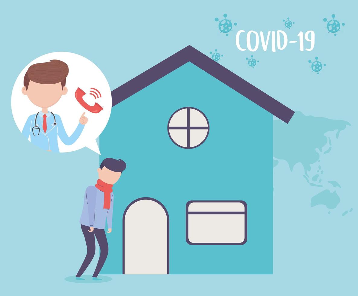 covid 19 quarantine, man with house and doctor call vector