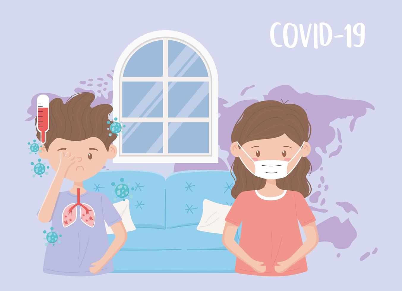 covid 19 quarantine, woman with mask and boy with fever disease pandemic coronavirus vector
