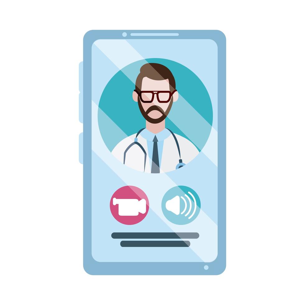 online doctor, physician smartphone video call consultant medical protection covid 19, flat style icon vector