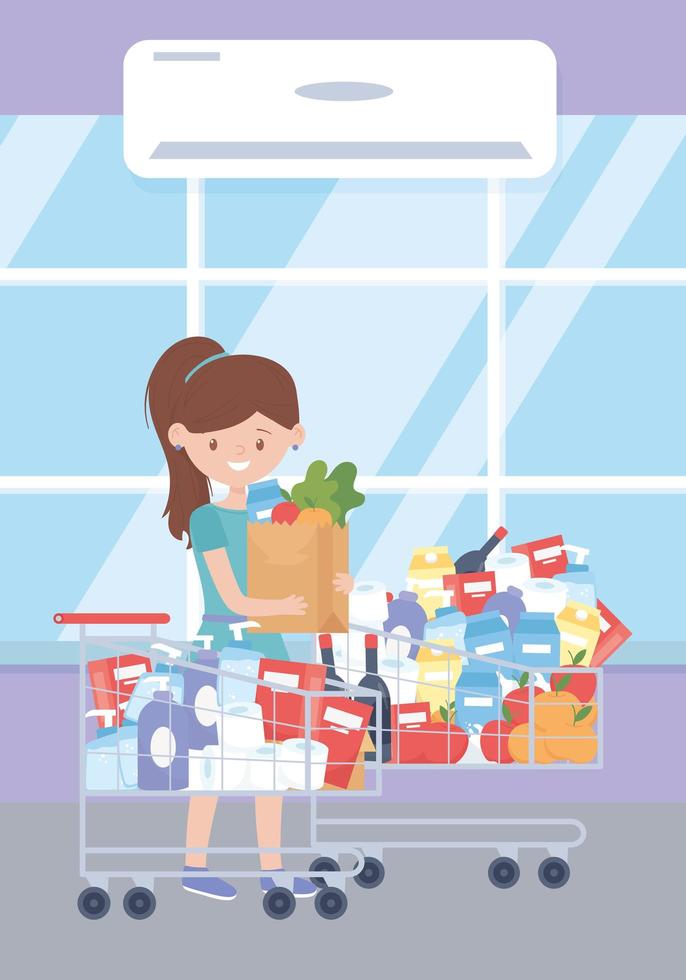 smiling customer woman with paper bag and carts filled merchandise food excess purchase vector