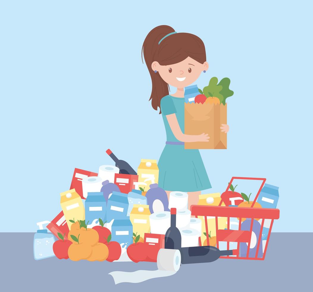 Cliente con bolsa de la compra y muchos productos de limpieza y exceso de comida. vector