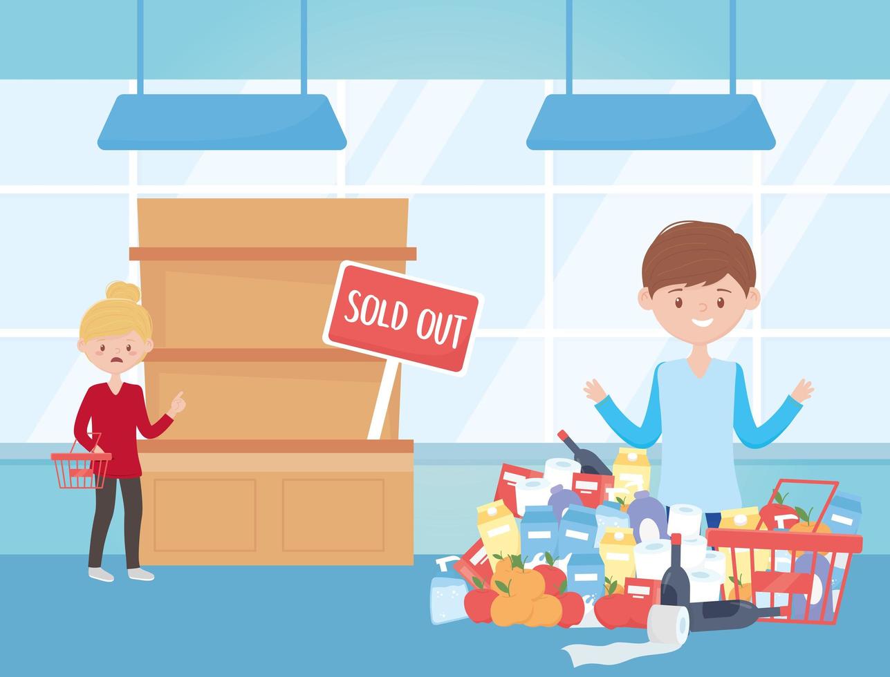 guy with many purchase food cleaning products toilet paper worried woman with basket excess vector