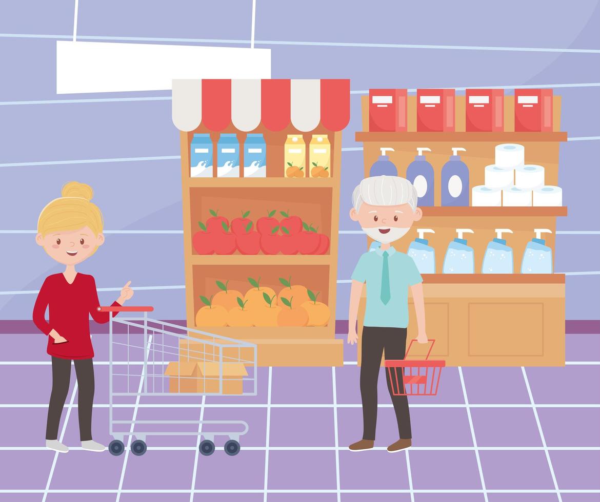 female and male customer in supermarket with basket and cart excess purchase vector