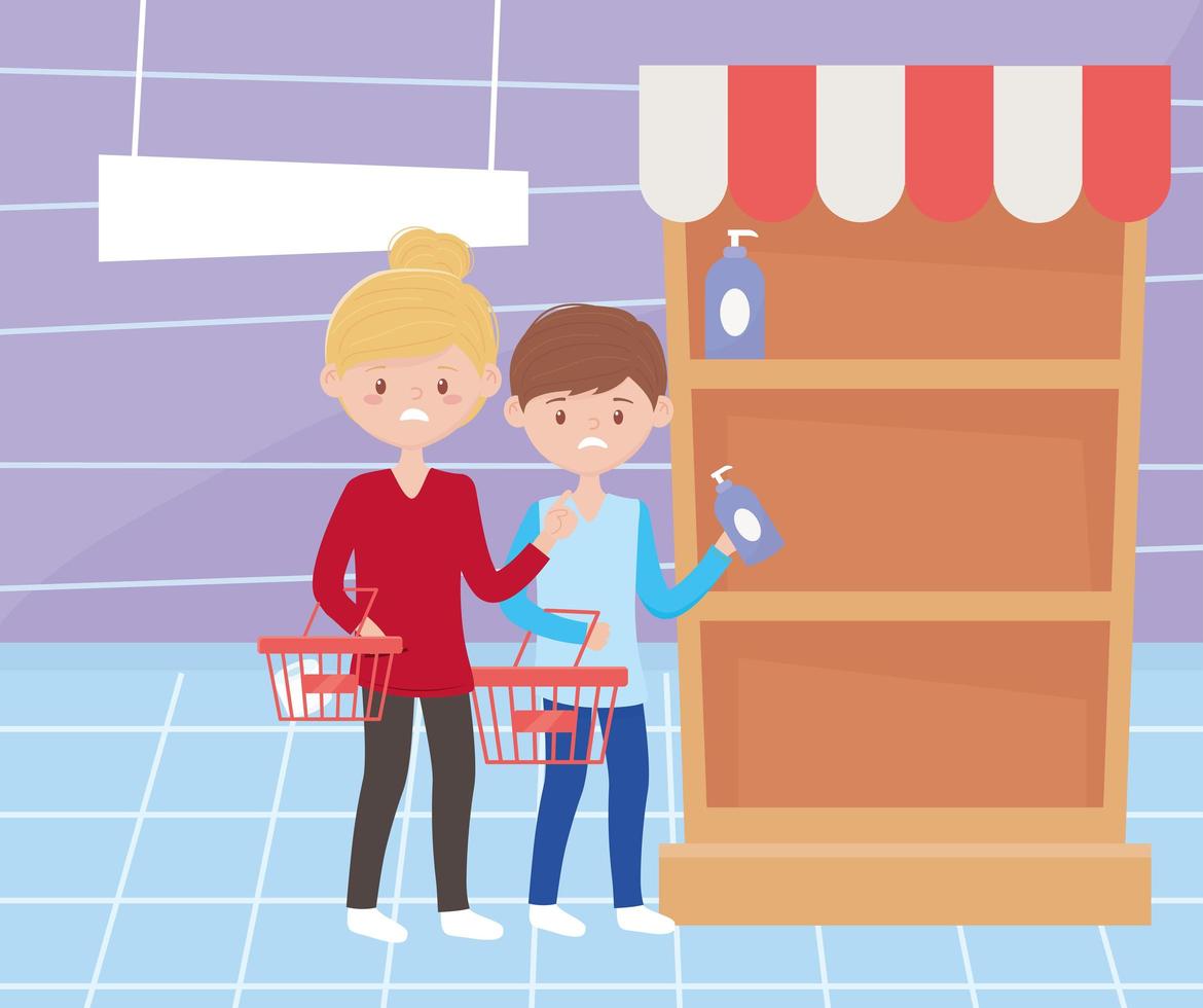 worried guy and girl with sould out shelf supermarket food excess purchase vector