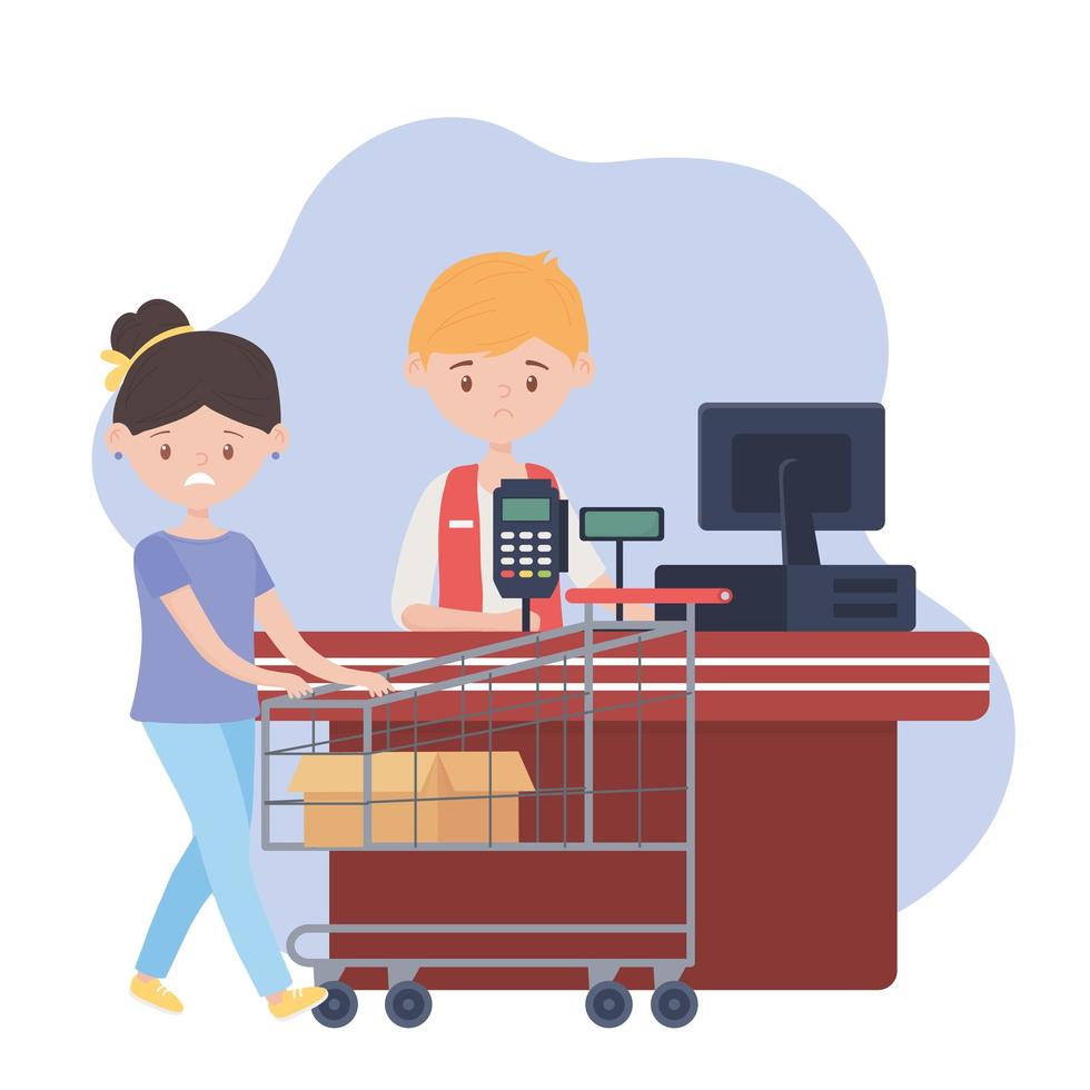 sad customer with shopping cart and box empty, seller man cash register, excess purchase vector