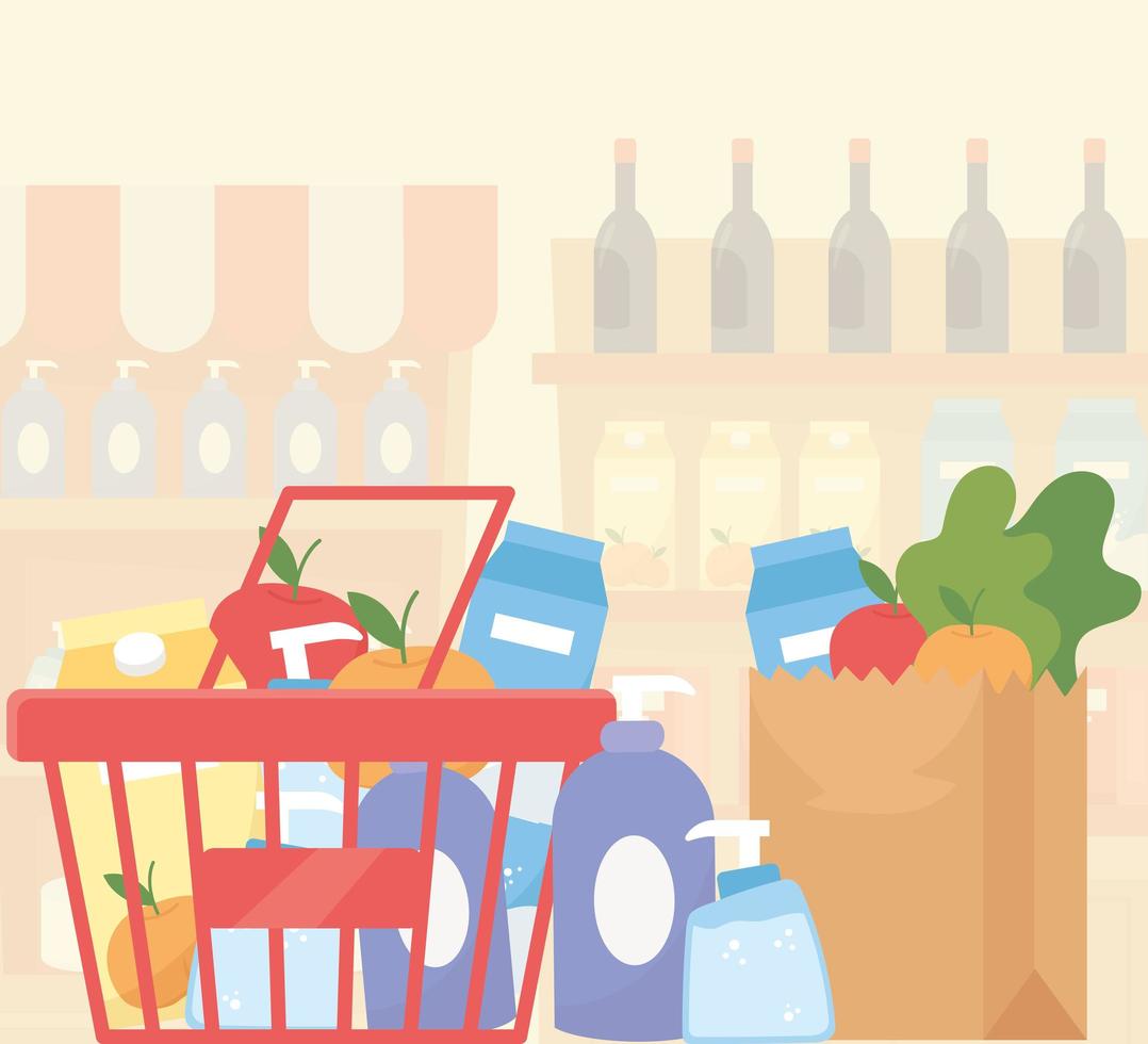 shopping basket and paper bag full food supermarket excess purchase vector