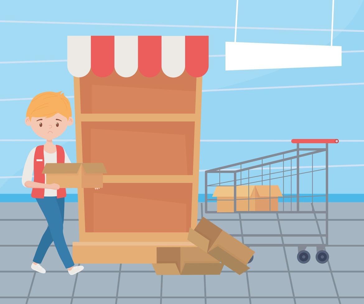 seller with empty shopping cart and box, sold out shelf supermarket, excess purchase vector