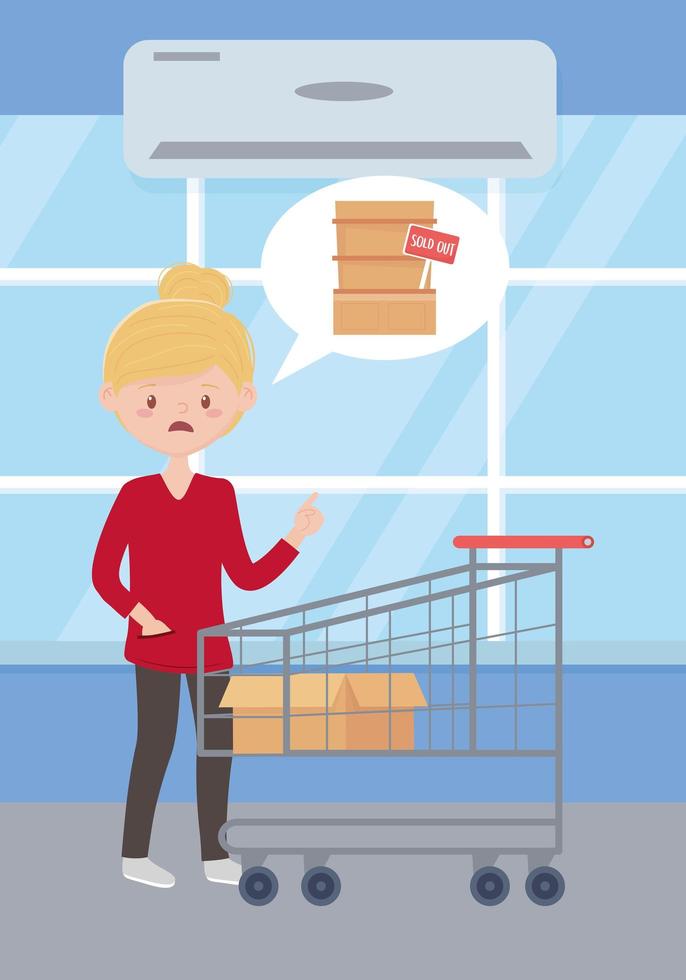 sad woman with empty shopping cart and box , sold out shelf supermarket, excess purchase vector