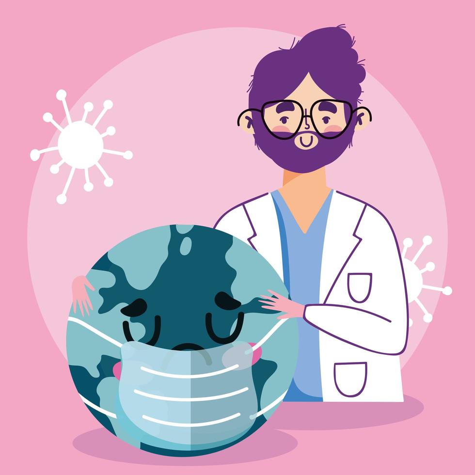 online doctor, physician professional and planet with mask covid 19 vector