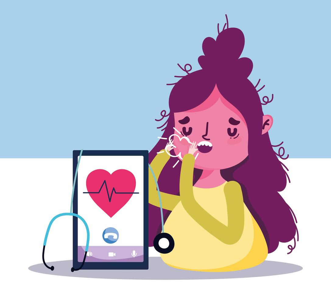 online doctor, patient with cough and smartphone diagnostic covid 19 vector