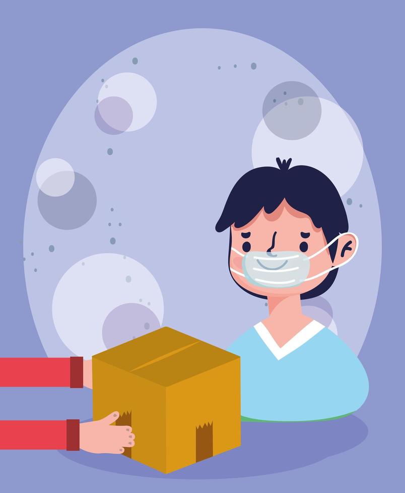 young man receiving cardboard box delivery ecommerce online shopping covid 19 coronavirus vector