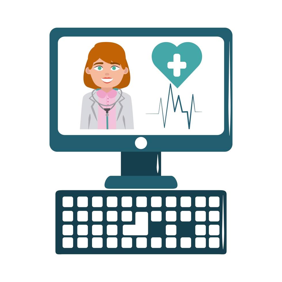 online doctor computer device support medical care flat style icon vector