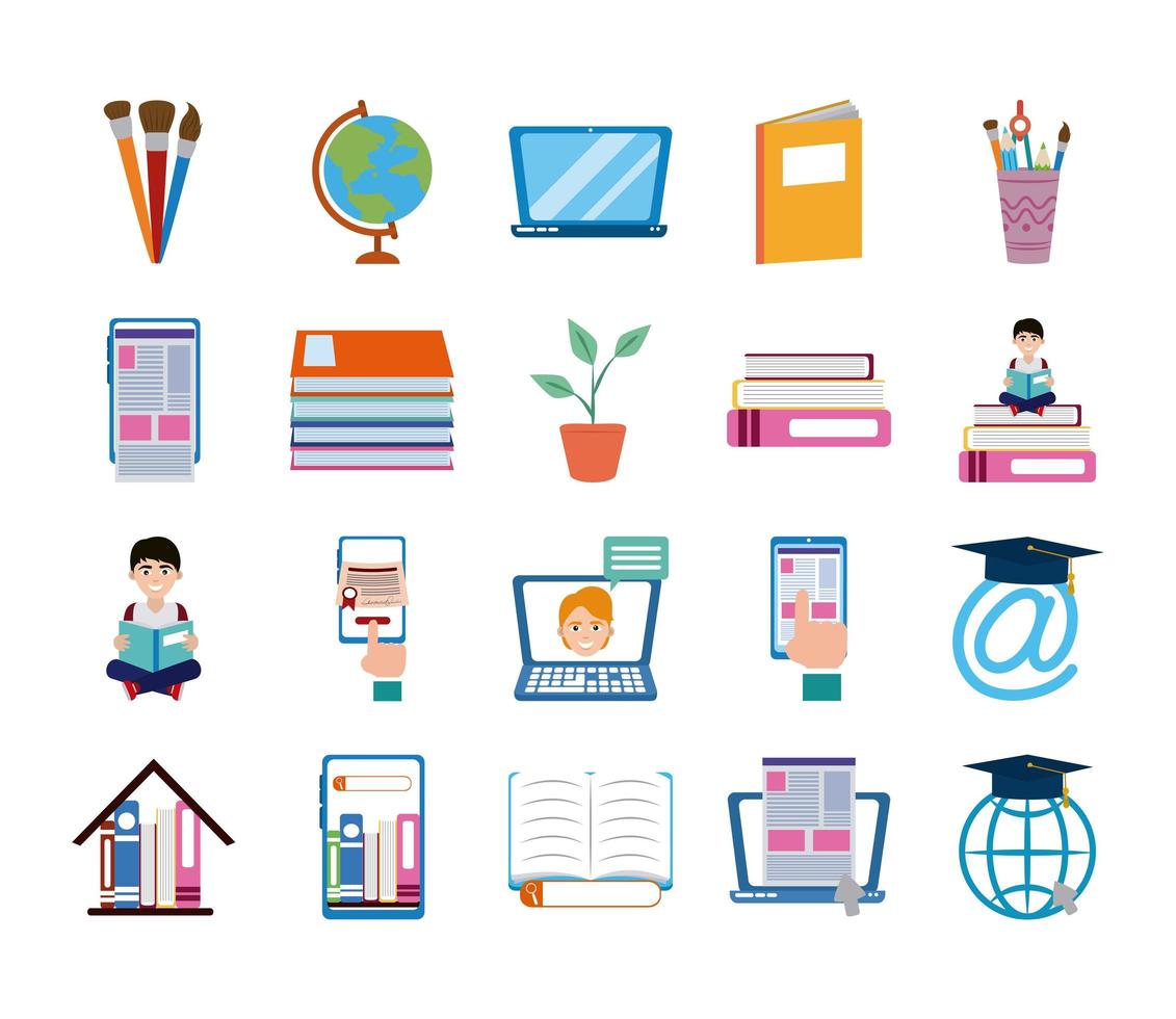 educación en el hogar escuela aprender suministros iconos conjunto icono de estilo plano vector