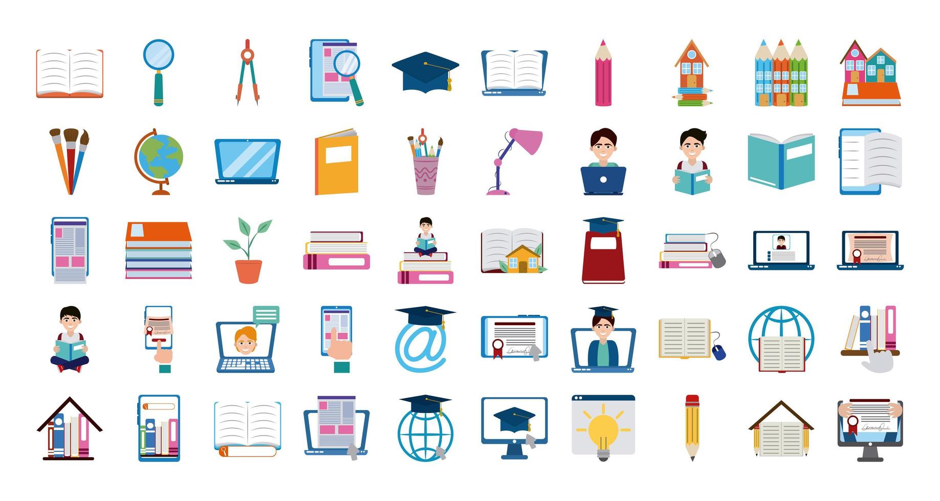 home education school learn supplies icons set flat style icon vector