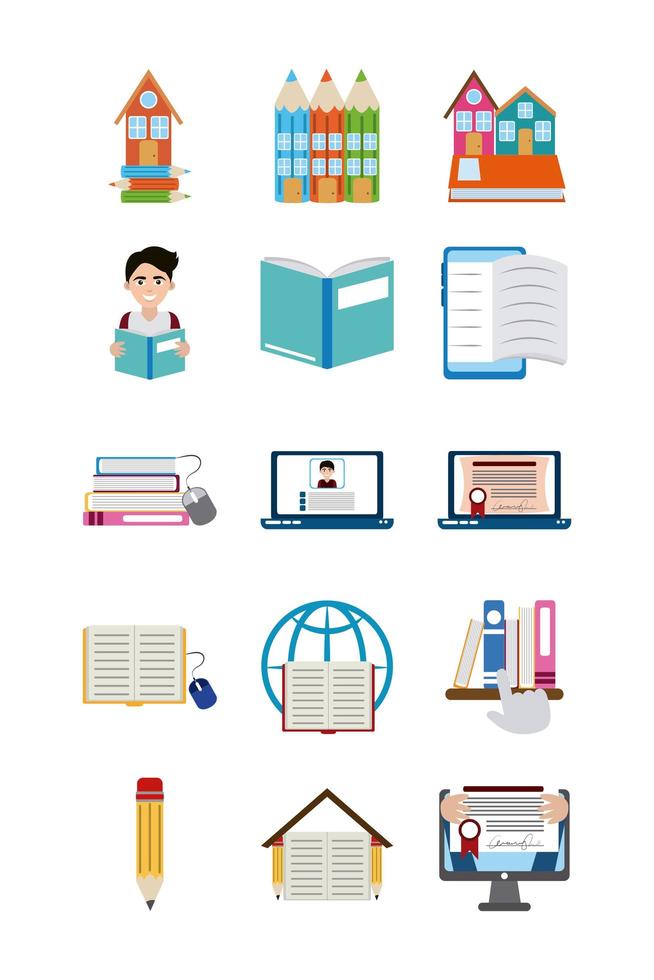 educación en el hogar escuela aprender suministros iconos conjunto icono de estilo plano vector