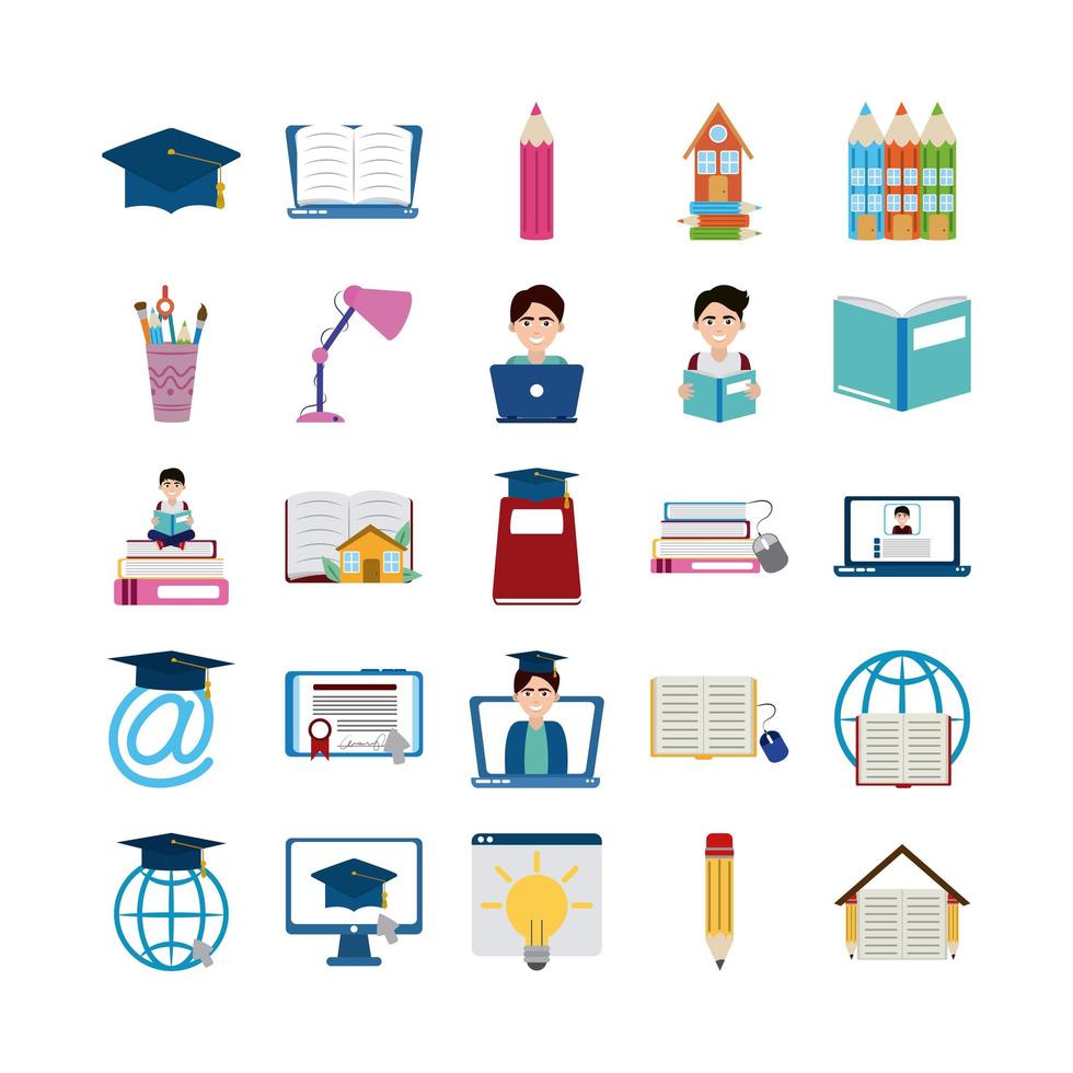 home education school learn supplies icons set flat style icon vector