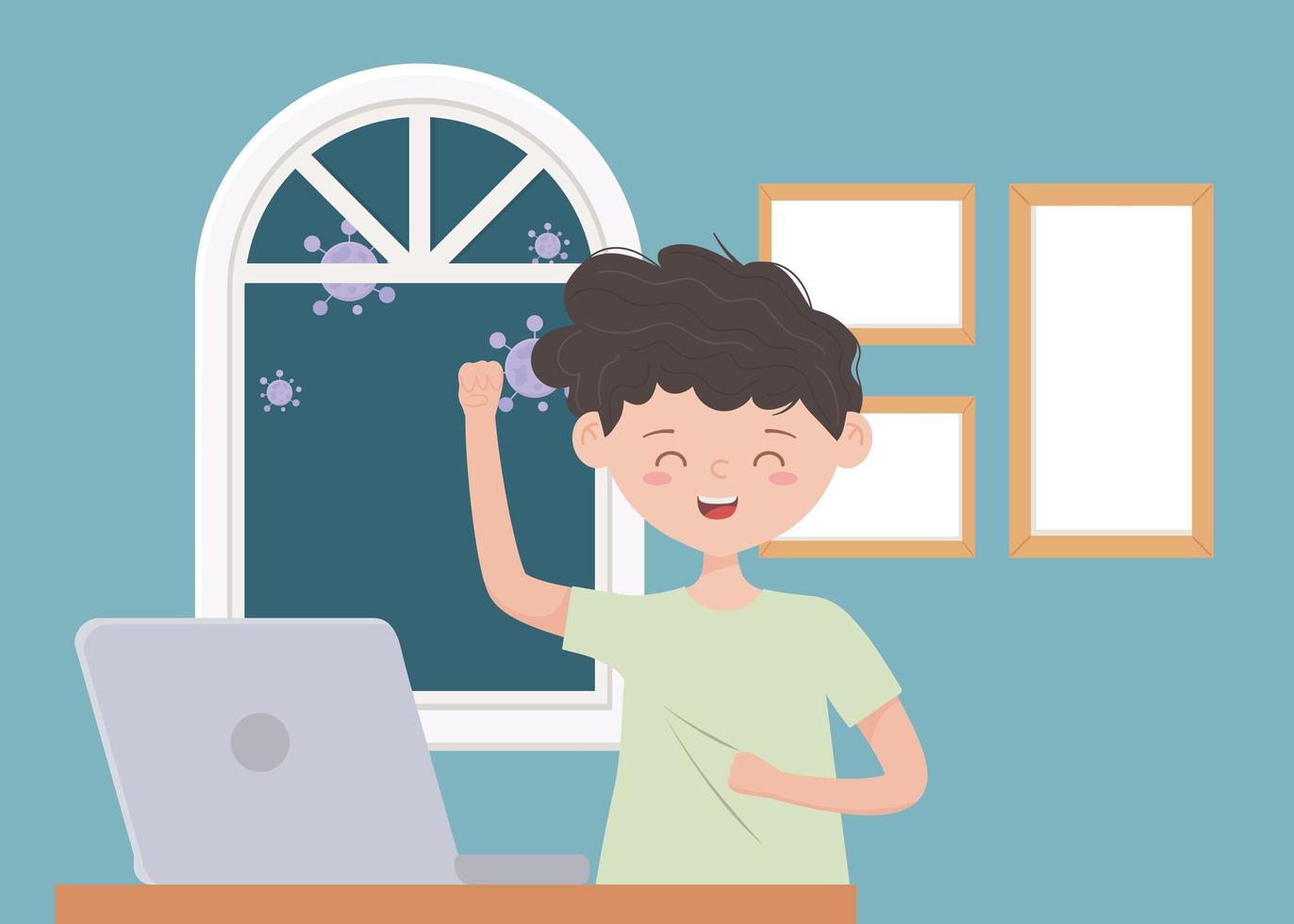 Quédate en casa, niño feliz con laptop en la habitación. vector