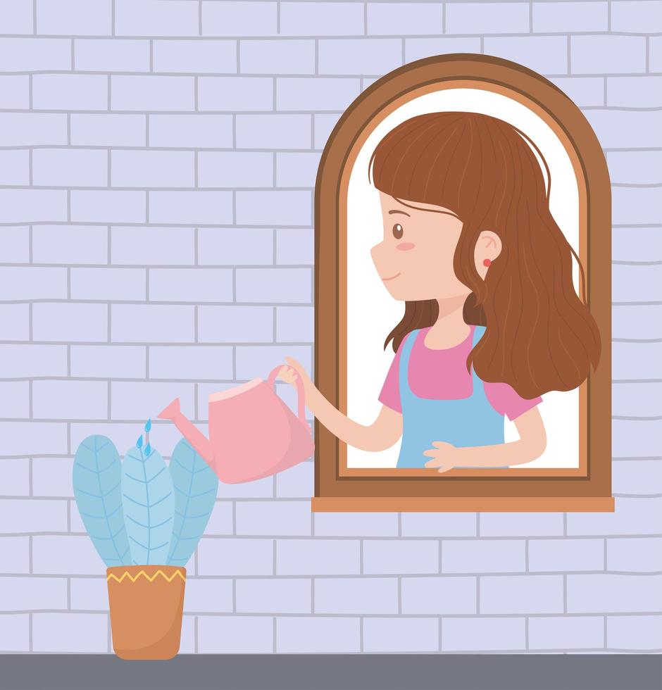 stay at home, girl with watering can and plant in the window vector