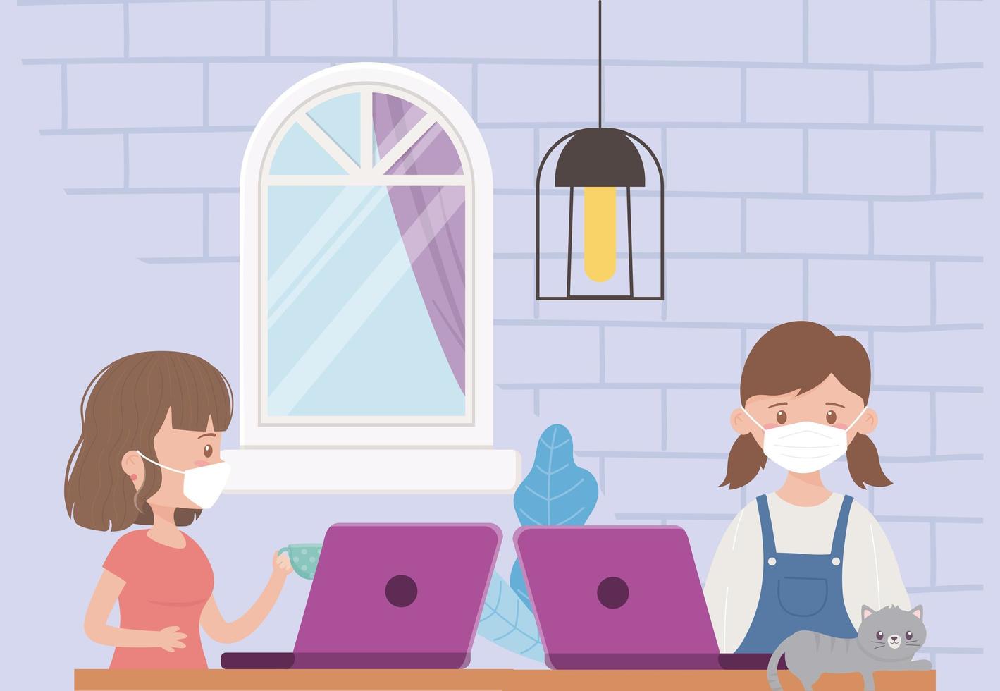 stay at home, woman with laptop and girl with computer cat in the room vector