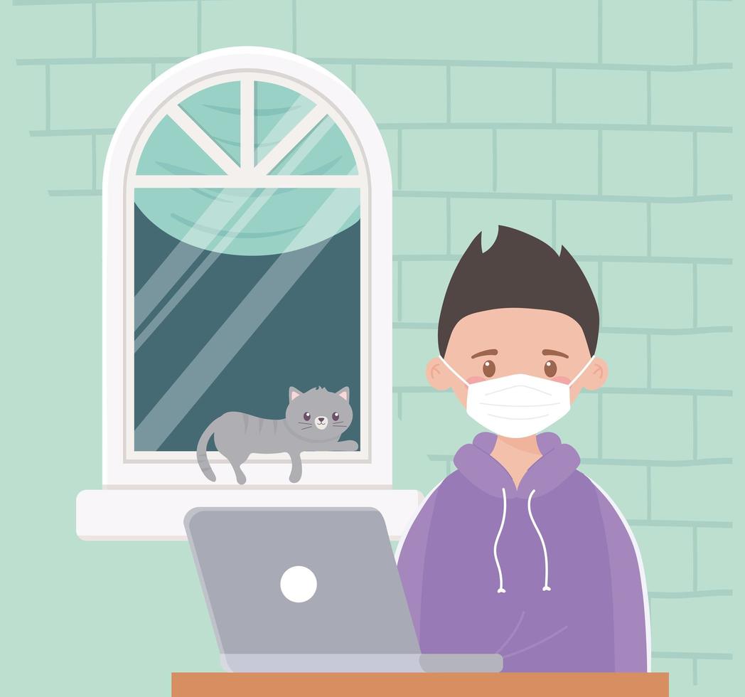 Quédate en casa, chico con laptop y gato en la ventana. vector
