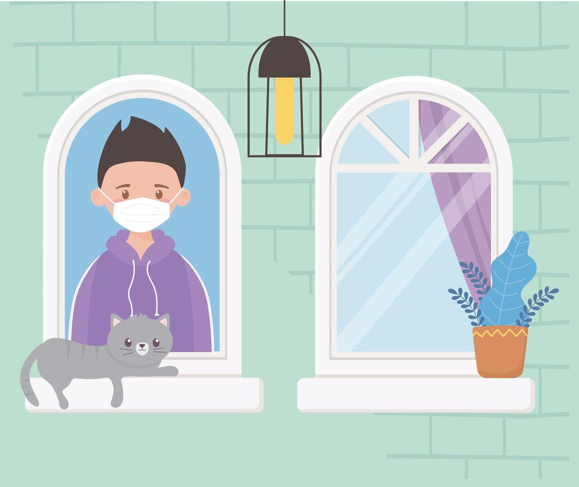 stay at home, facade building, boy with cat in window vector