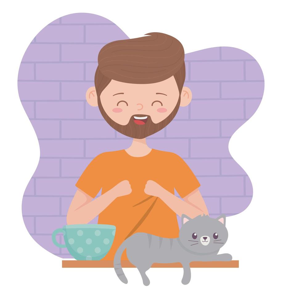 stay at home, bearded man with cat and coffee cup vector