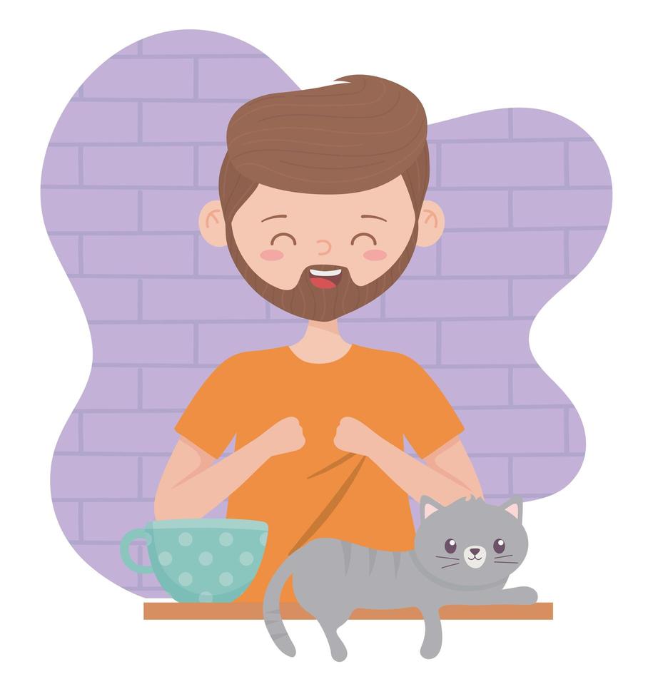 Quédate en casa, hombre barbudo con gato y taza de café. vector