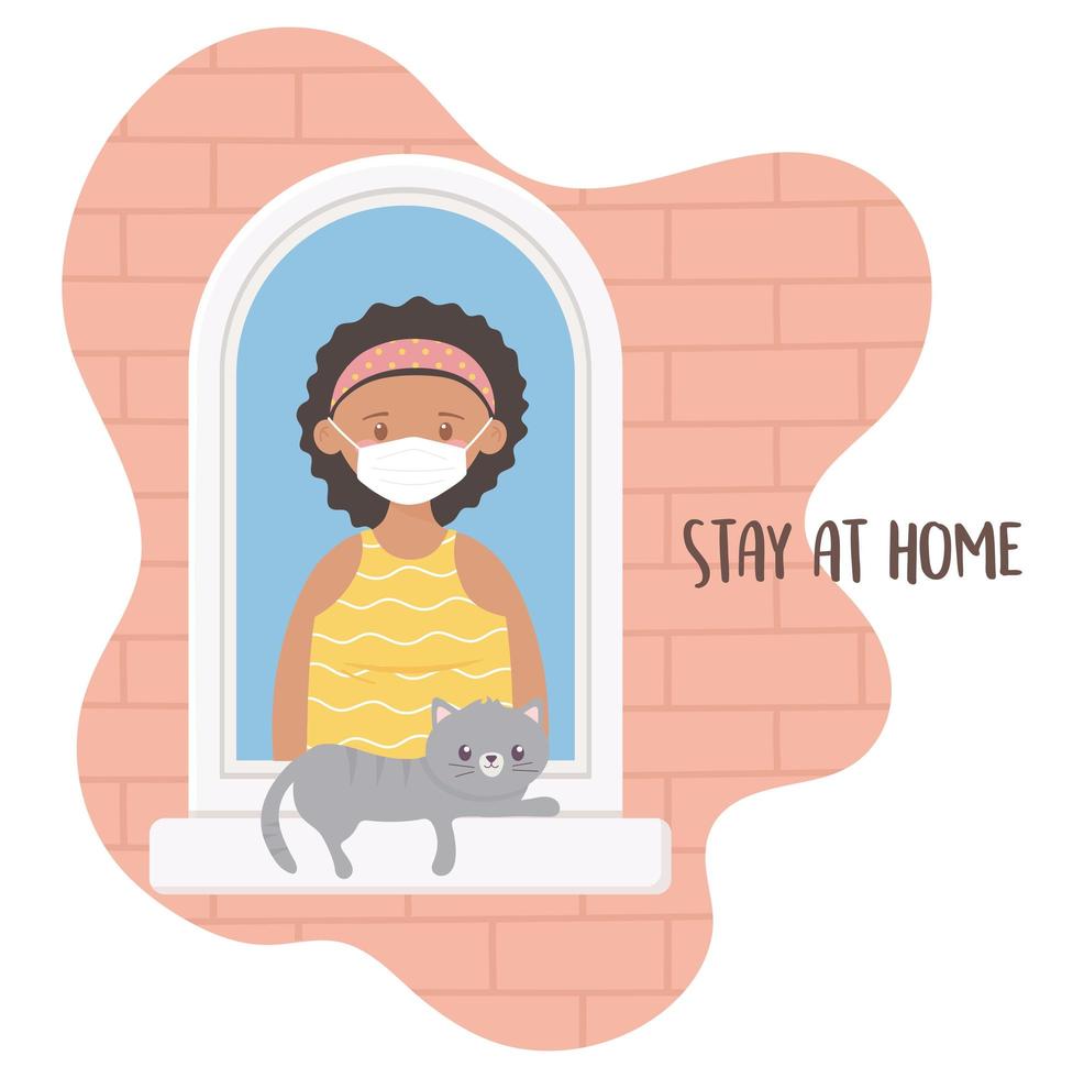 stay at home, young woman with medical mask and cat in the window vector