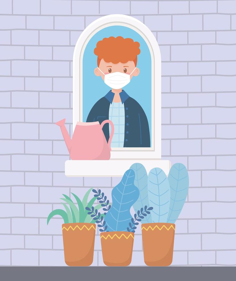stay at home, man with mask in window with watering can and potted plants vector