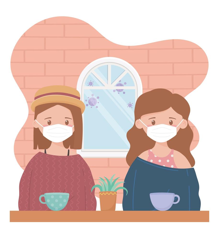 stay at home, women with protective mask and coffee cups vector