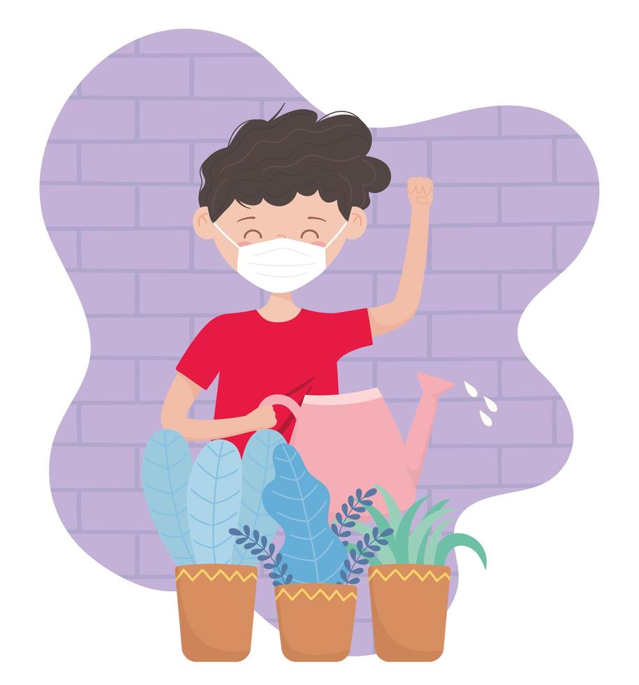 stay at home, boy with medical mask and watering can plants vector