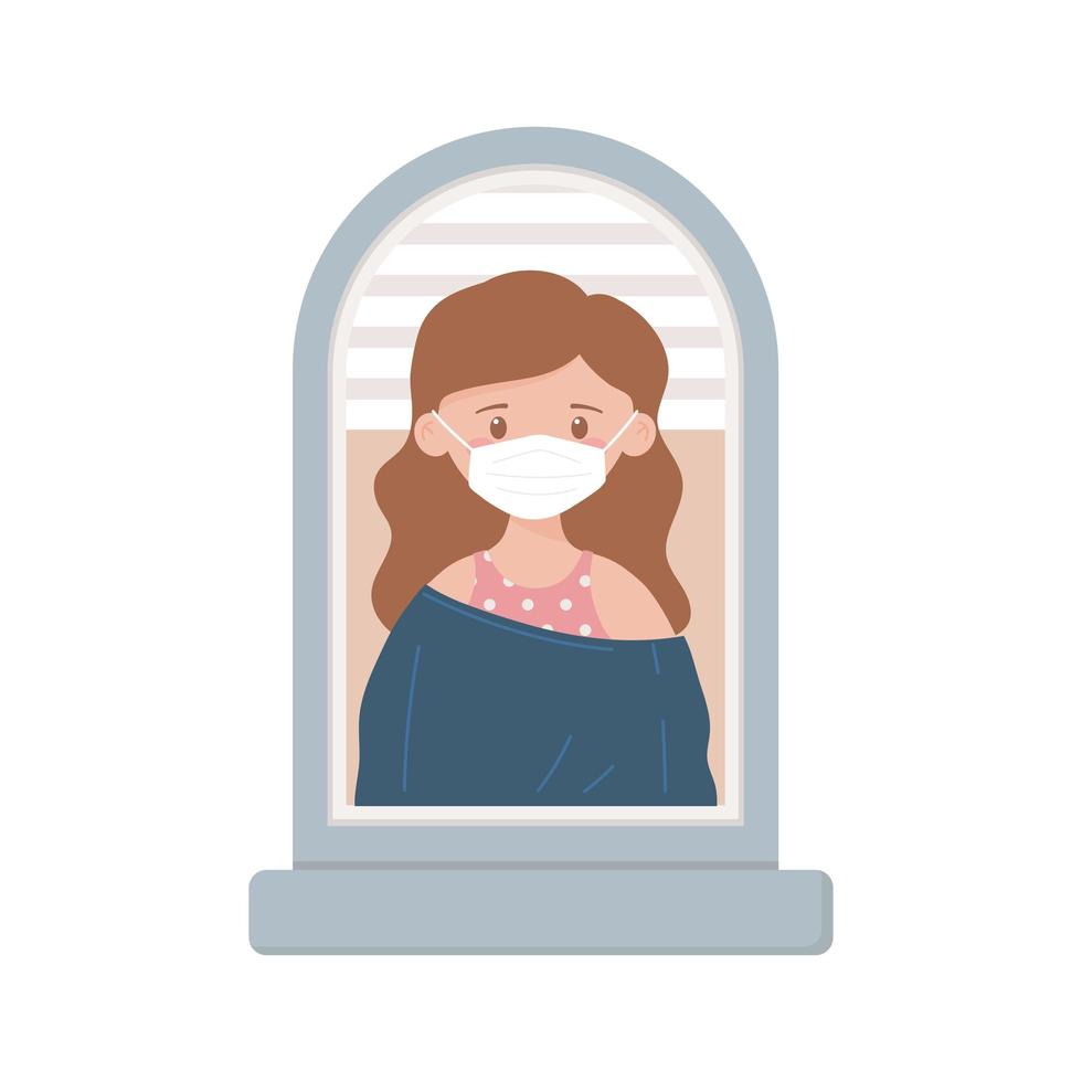 covid 19 coronavirus, young woman with medical mask in window isolated icon vector illustration