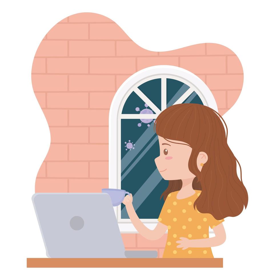stay at home, young woman working with coffee cup and laptop vector