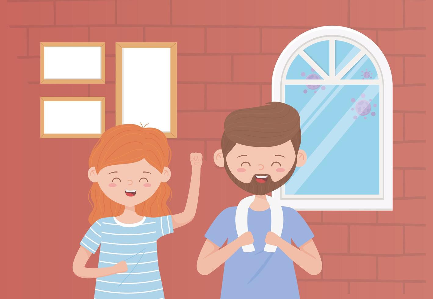 stay at home, happy couple training in the room vector