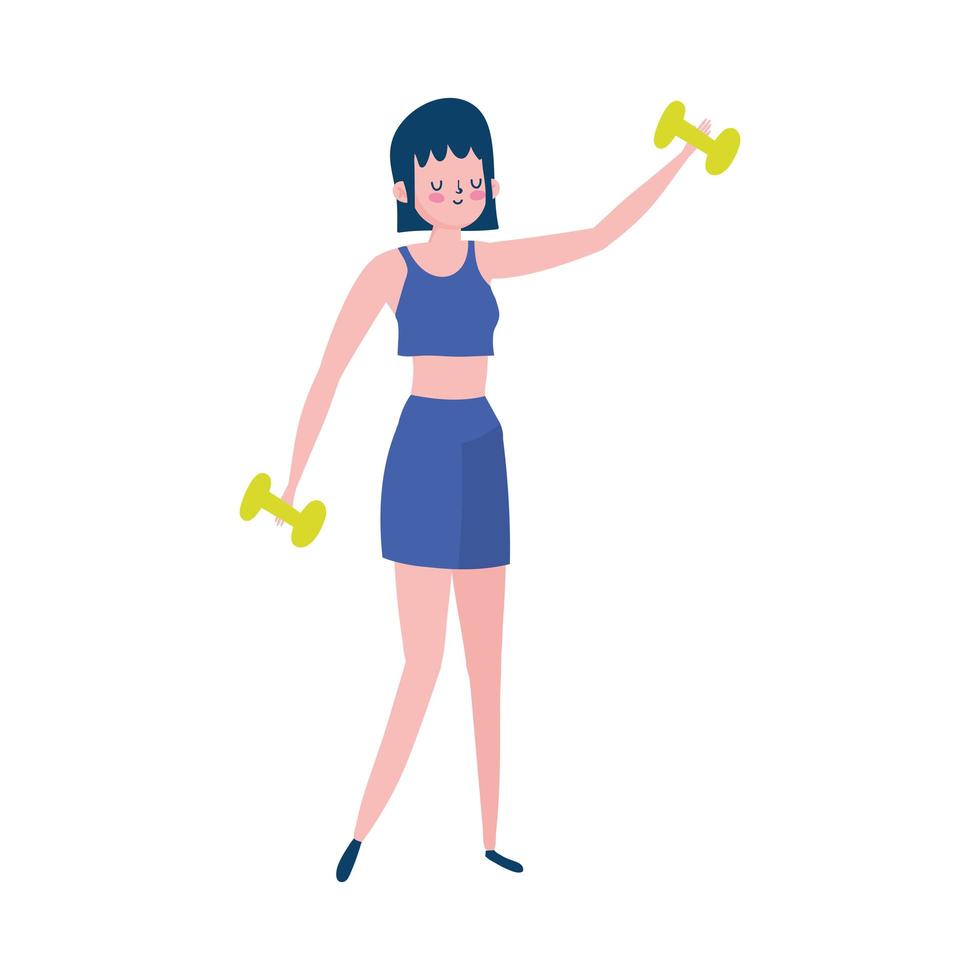 Mujer joven levantando pesas gimnasio icono aislado fondo blanco. vector