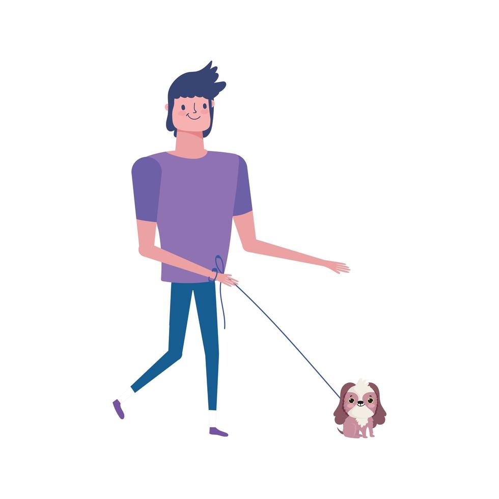 Hombre caminando con perrito icono aislado fondo blanco. vector