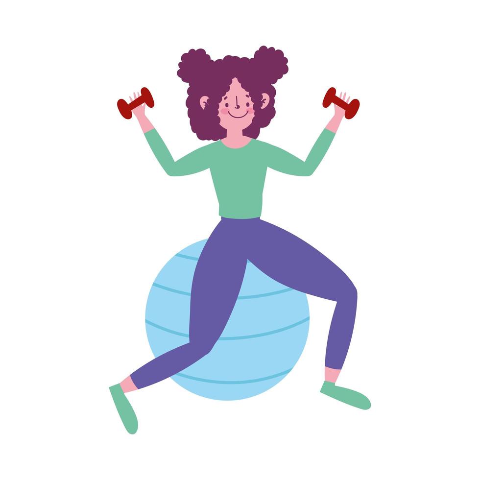 girl practicing with fitness ball and dumbbell isolated icon white background vector