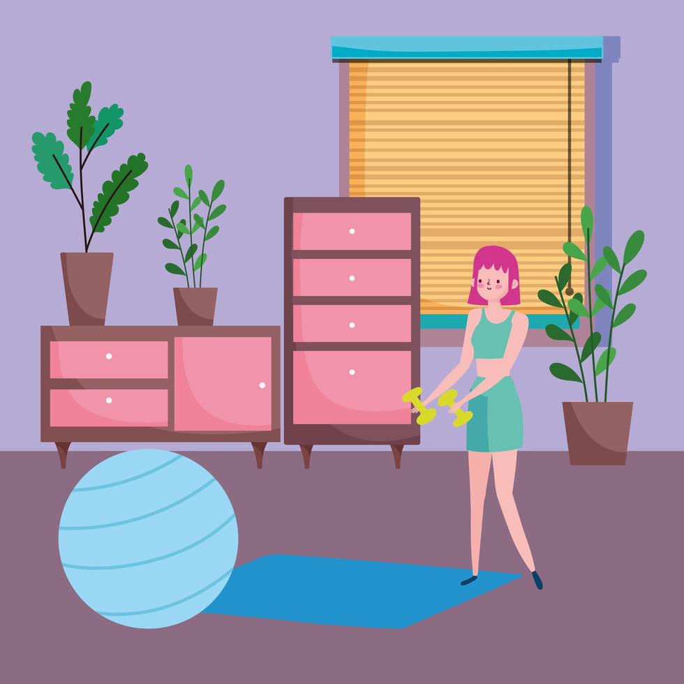 young woman with dumbbells and fitball mat in the room, exercises at home vector