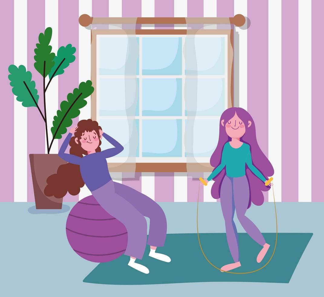 young women with jump rope and fit ball ttraining, exercises at home vector