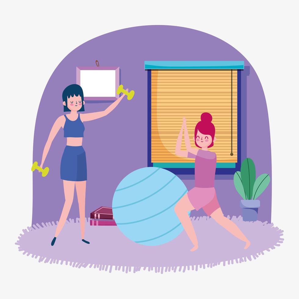 young women with fit ball and weight in room, exercises at home vector